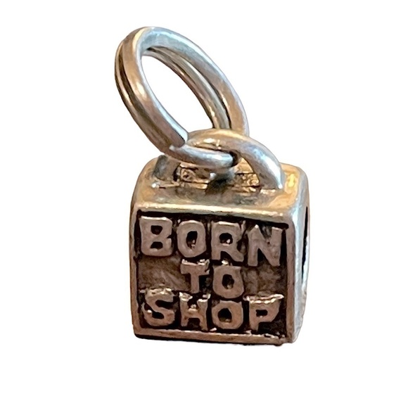 Sterling Silver .925 “Born to Shop” Shopping Bag Silver Box Charm Pendant - Picture 1 of 9